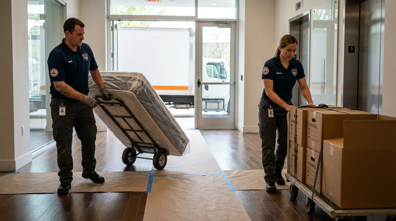 Professional apartment movers loading elevator in Pikeville, TN