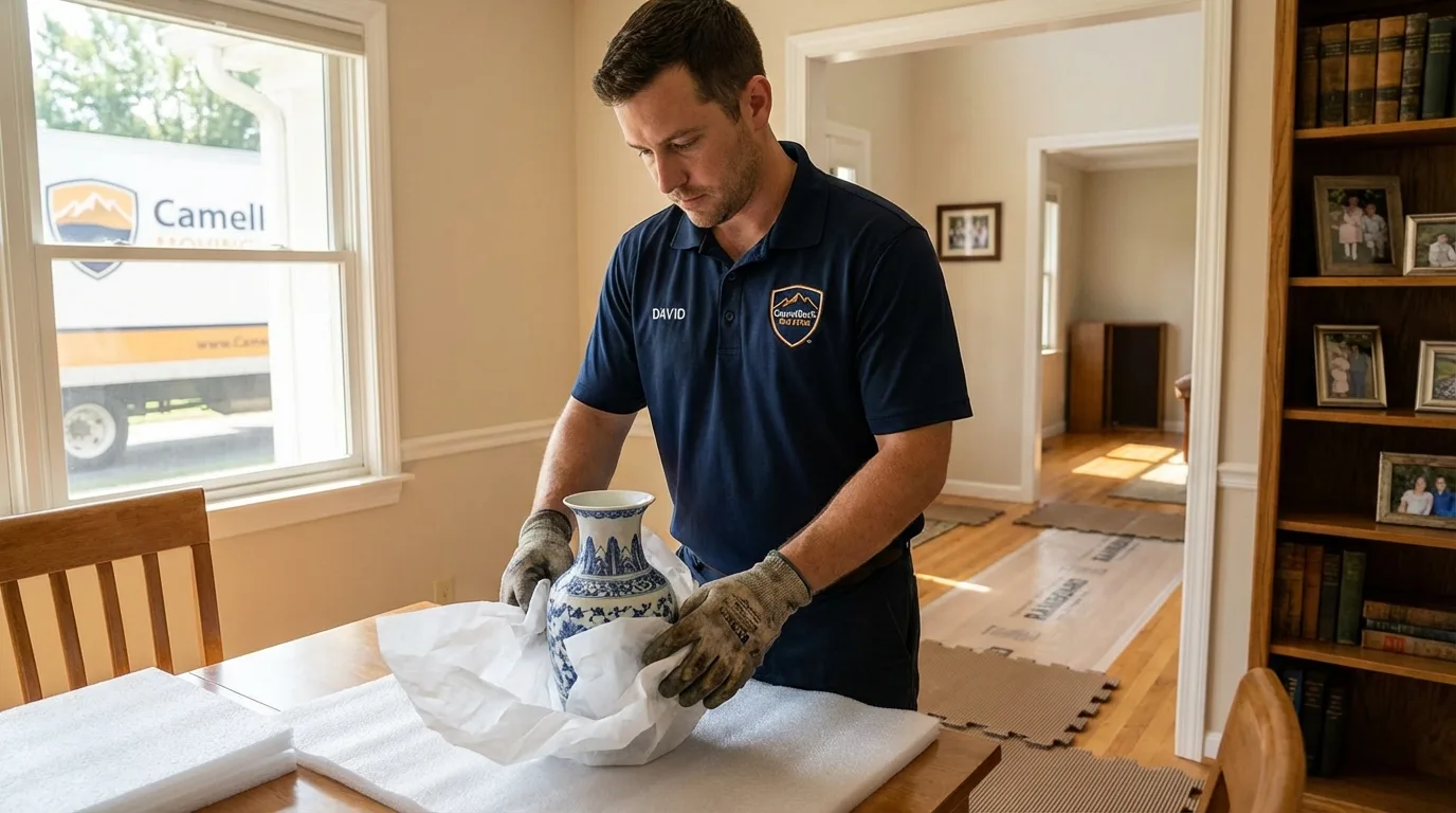 Professional crew carefully wrapping antique vase for senior downsizing move in Pikeville, TN